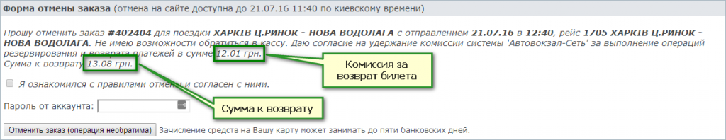 Форма возврата билетов на ticket.bus.com.ua